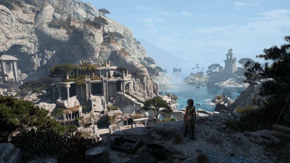Sophia overlooking the coast of Minotaur’s Island in an official screenshot
