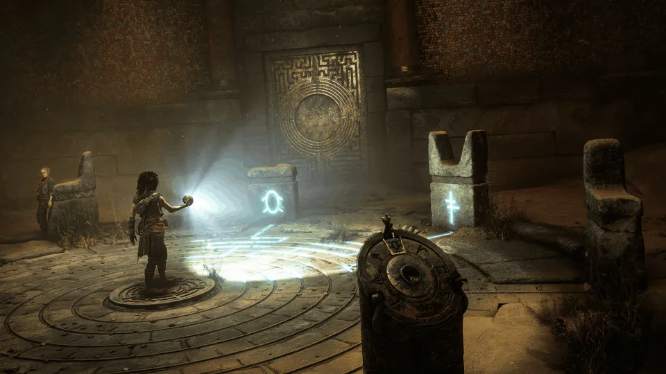 Sophia manipulating light in a Minoan puzzle in an official screenshot