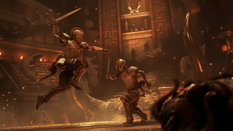 Theseus fighting in a bronze-lit arena in an official screenshot